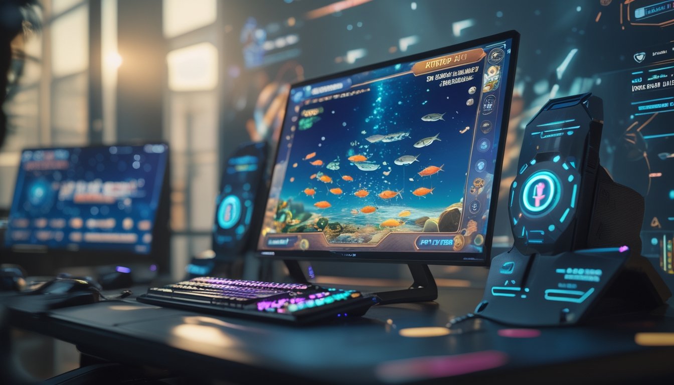 Seseorang sedang bermain permainan tembak ikan online dengan layar komputer yang menampilkan ikan-ikan berwarna-warni dan ikon senjata digital.