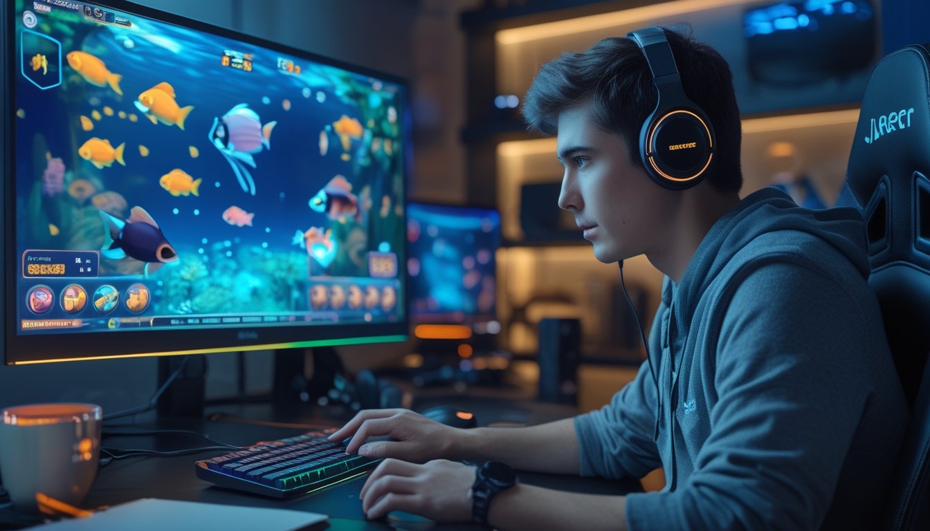 Seorang pria muda fokus bermain permainan tembak ikan jackpot di komputer di ruangan gaming modern.