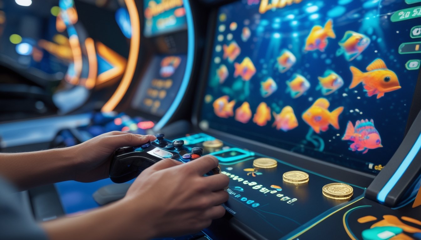Seorang pemain sedang fokus menggunakan pengendali permainan tembak ikan dengan layar penuh gambar ikan berwarna-warni dan suasana arcade modern.