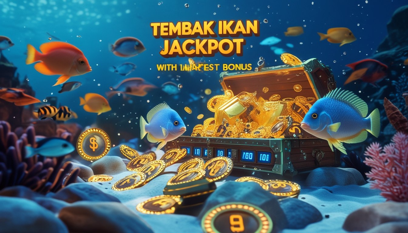 Pemandangan bawah laut yang penuh warna dengan ikan tropis berenang di sekitar harta karun dan koin jackpot yang berkilauan.