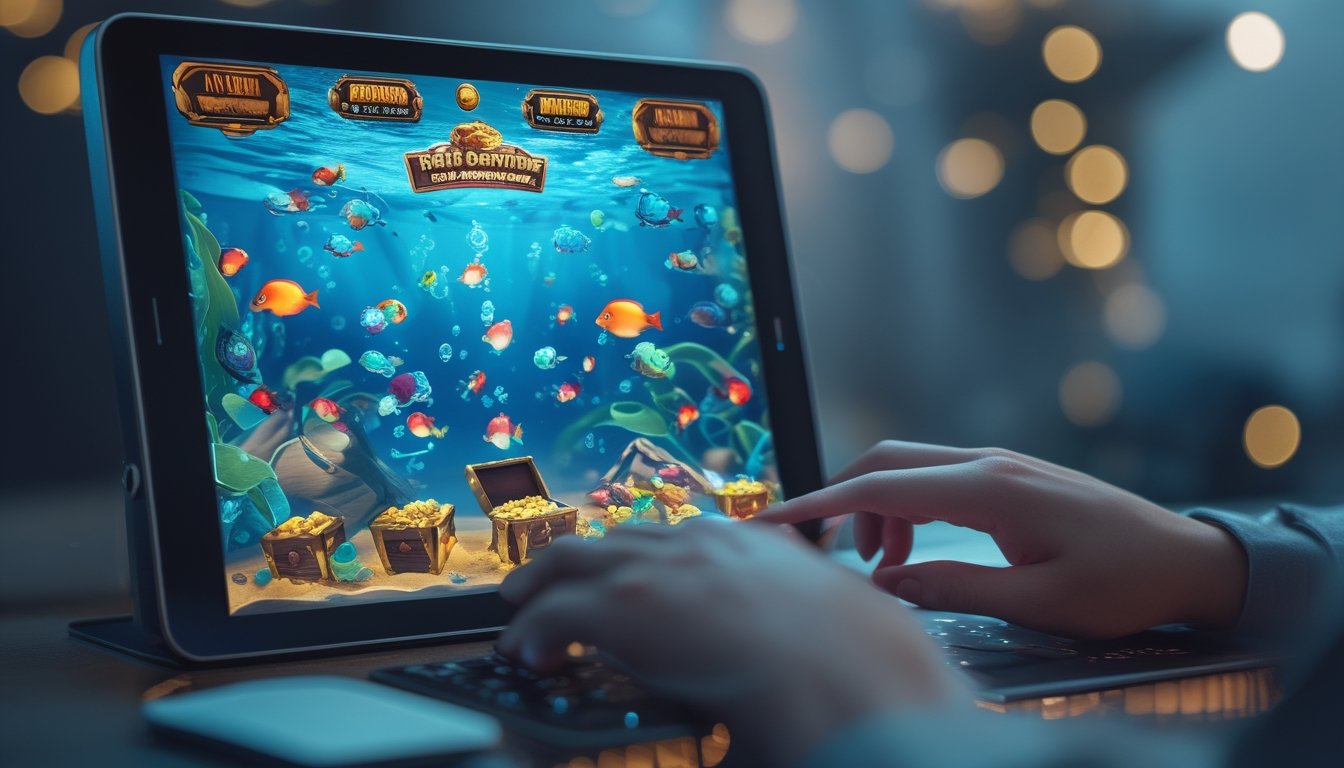 Tampilan layar permainan tembak ikan dengan berbagai ikan berwarna-warni dan simbol jackpot, tangan sedang berinteraksi dengan layar sentuh di lingkungan permainan modern.