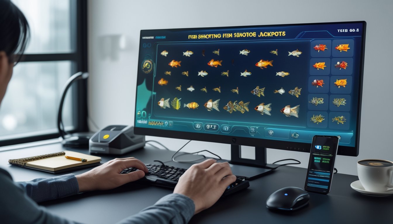 Seseorang sedang bermain game tembak ikan jackpot di komputer dengan tangan terlihat menggunakan mouse dan keyboard di ruangan yang rapi dan terang.