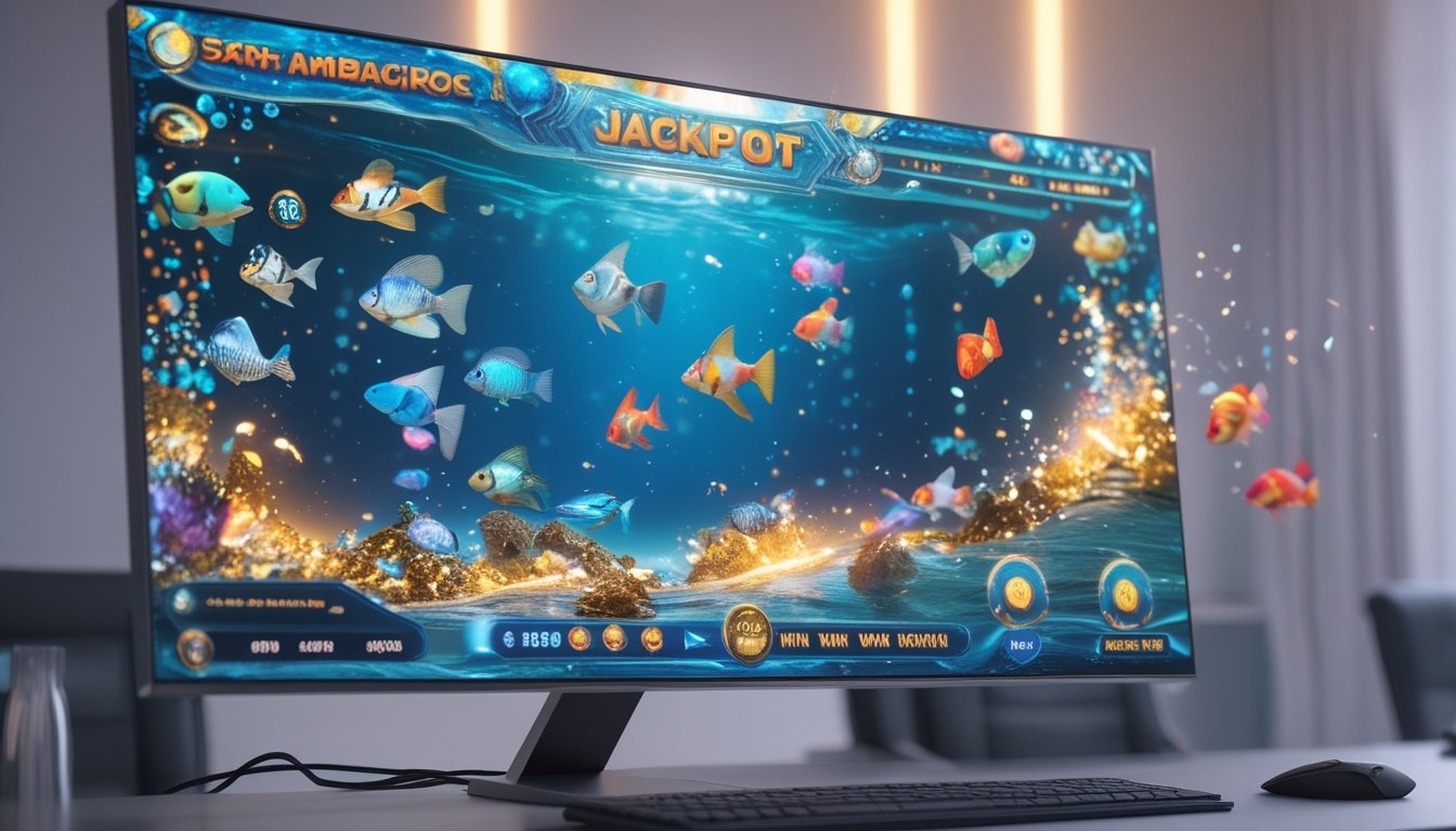 Layar komputer menampilkan permainan tembak ikan jackpot online dengan grafik ikan berwarna-warni dan efek kemenangan yang menyala.