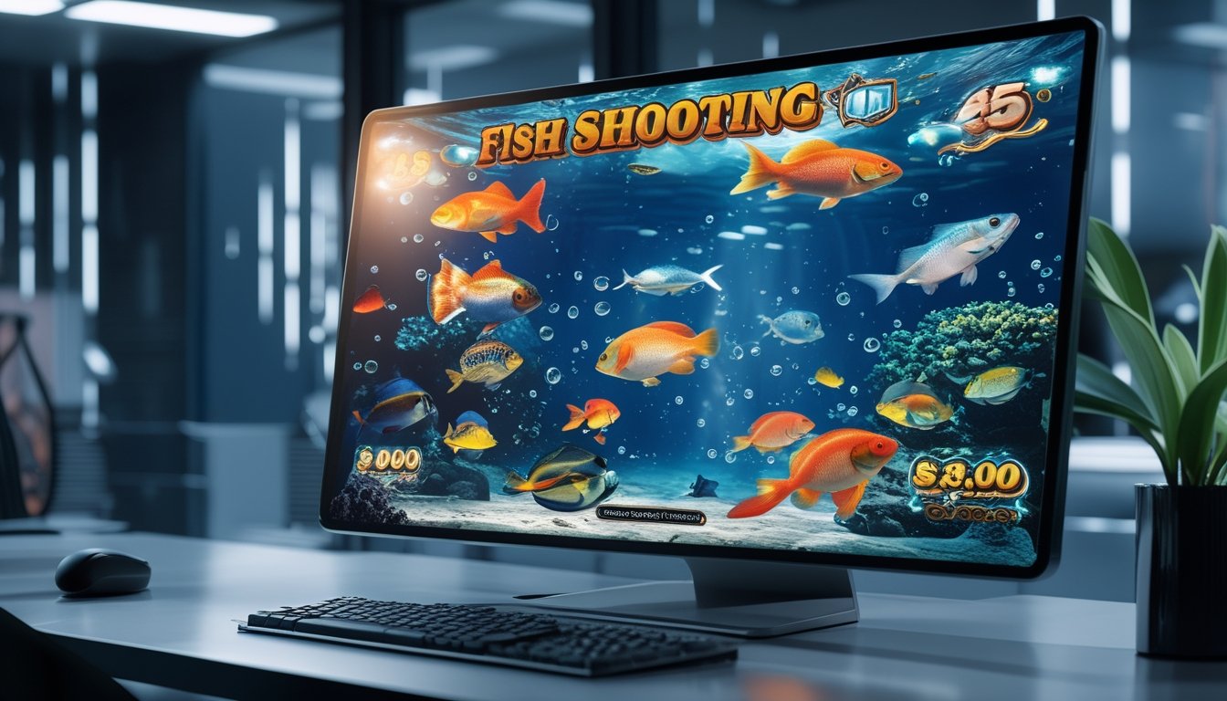 Layar komputer menampilkan permainan tembak ikan online dengan ikan-ikan berwarna-warni dan efek cahaya di latar bawah laut.