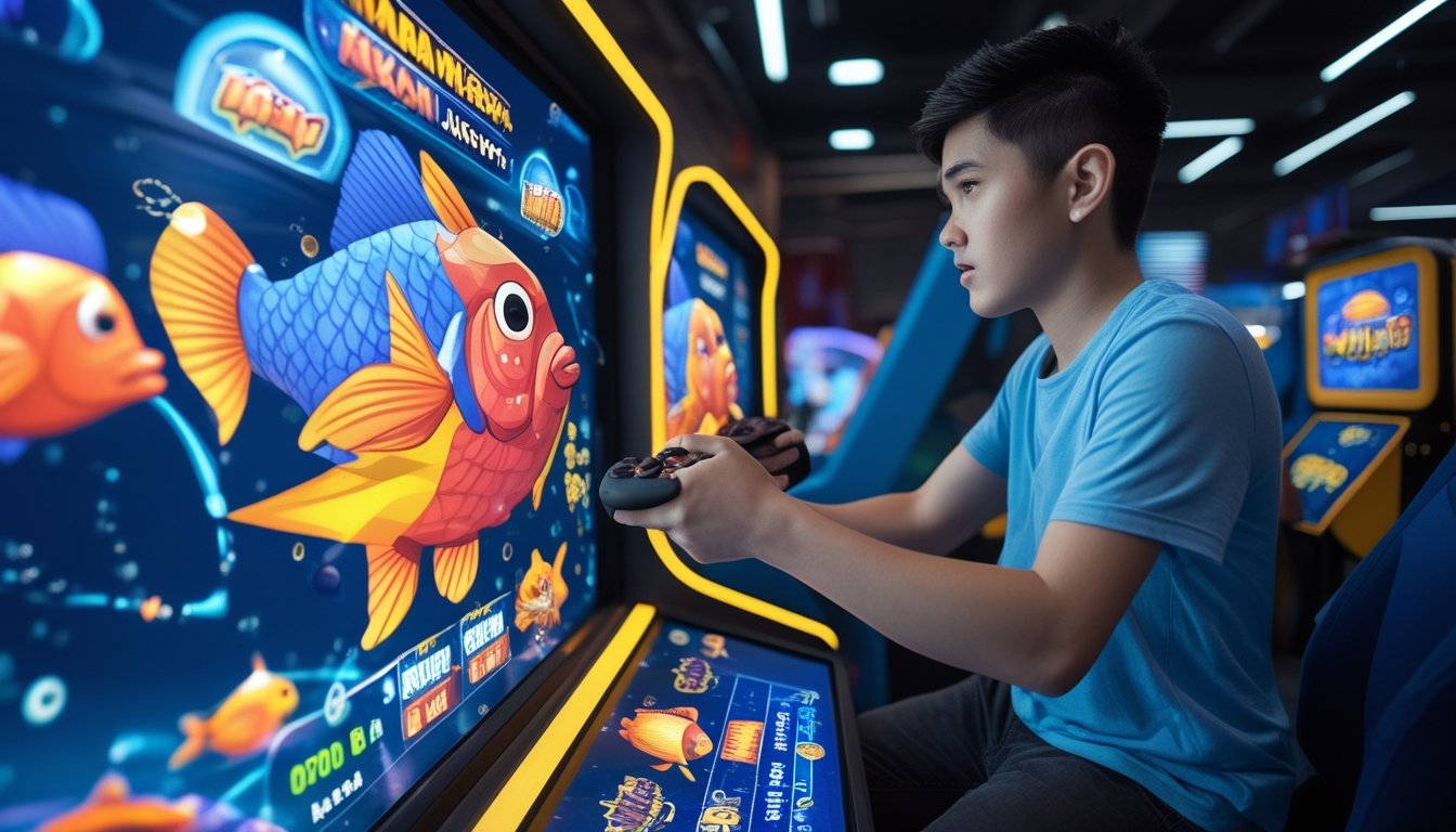 Seorang pemain sedang fokus bermain permainan tembak ikan dengan layar penuh ikan besar berwarna-warni di mesin arcade.