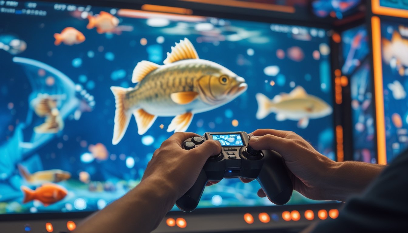 Seorang pemain sedang fokus menembak ikan besar di permainan arcade tembak ikan dengan layar berwarna cerah dan suasana arcade yang hidup.