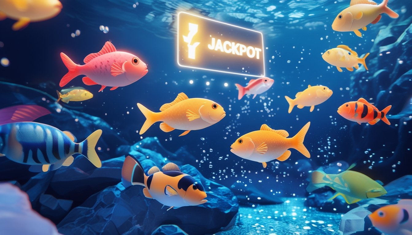 Latar bawah laut dengan ikan berwarna-warni dan elemen permainan arcade yang cerah dan menarik.