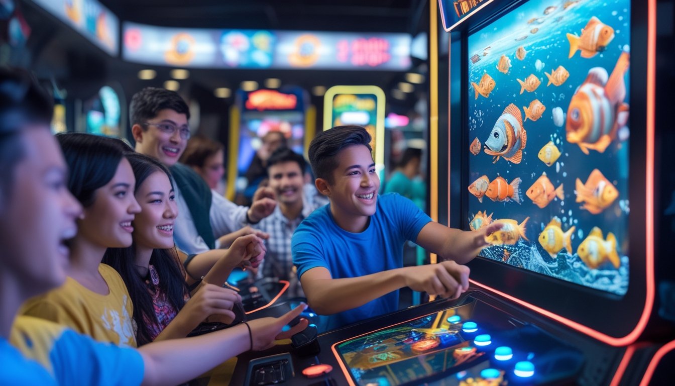 Beberapa orang bermain mesin permainan arcade tembak ikan dengan layar penuh warna di sebuah tempat permainan.