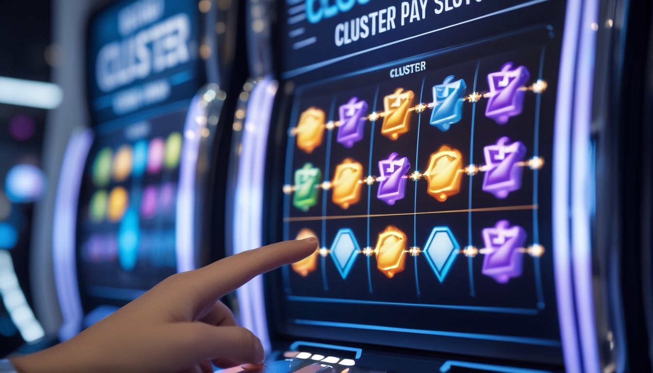 Layar mesin slot digital menampilkan simbol-simbol berwarna yang dikelompokkan bersama, dengan tangan seseorang menyentuh layar mesin slot.