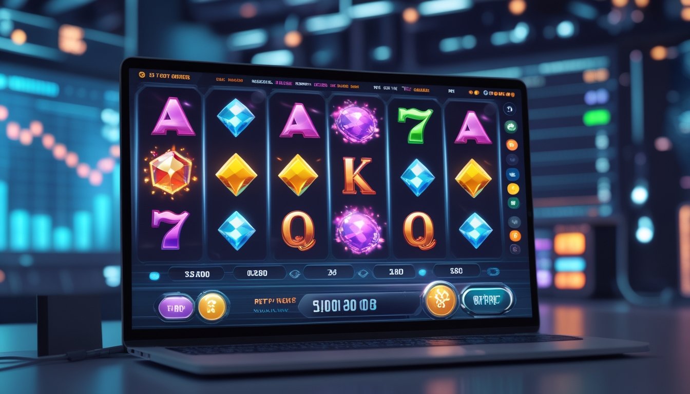 Antarmuka kasino online modern yang menampilkan permainan slot cluster pays dengan simbol warna-warni dan grafik statistik di latar belakang.