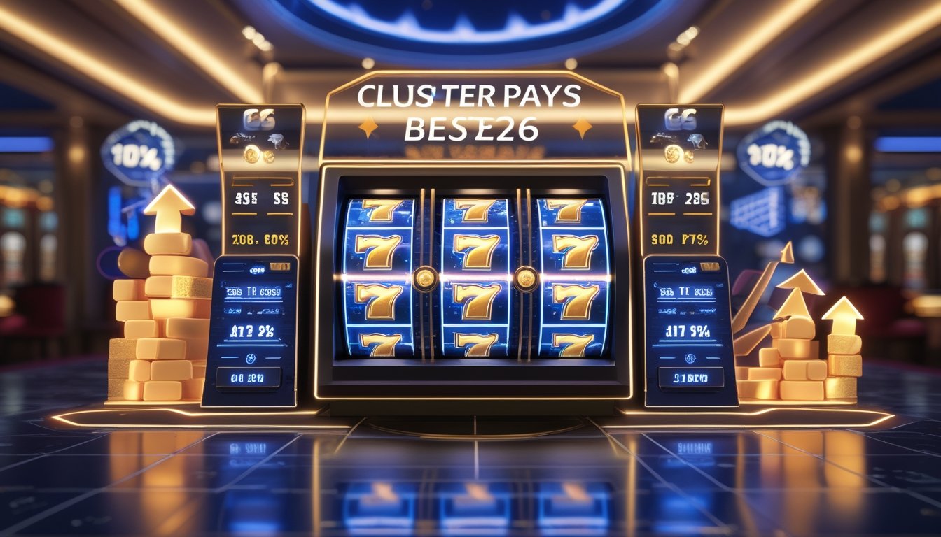 Mesin slot modern dengan simbol cluster yang menyala dan grafik naik di latar belakang, menunjukkan kemenangan dan keuntungan dalam permainan slot.