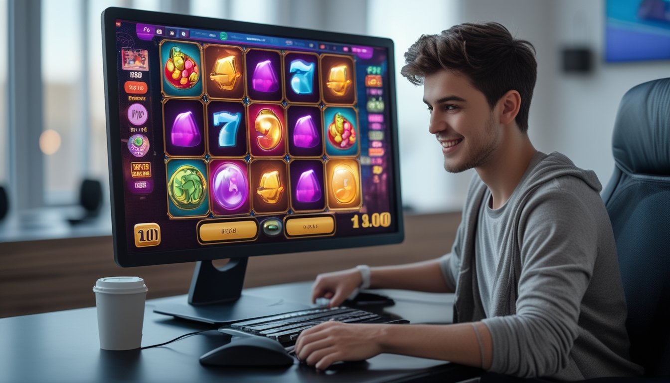 Seorang pemuda sedang bermain permainan slot online di komputer dengan layar menampilkan simbol-simbol warna-warni dalam tata letak cluster pays.