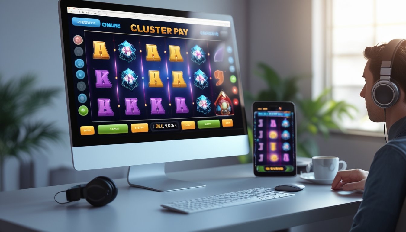 Seorang pengguna sedang bermain permainan slot online di komputer dengan tampilan simbol cluster yang berwarna-warni di layar.