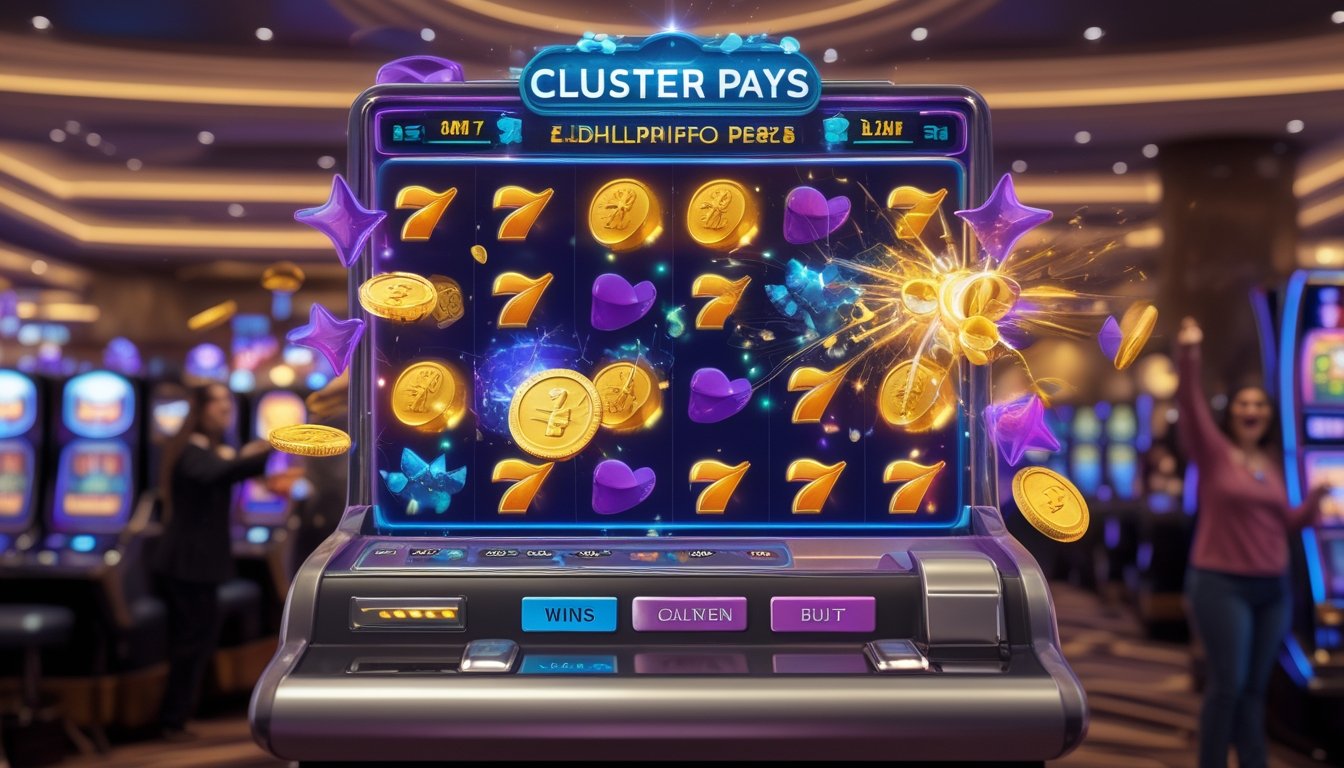 Suasana kasino dengan mesin slot modern yang menampilkan simbol berwarna cerah dalam kelompok dan pemain yang terlihat antusias.