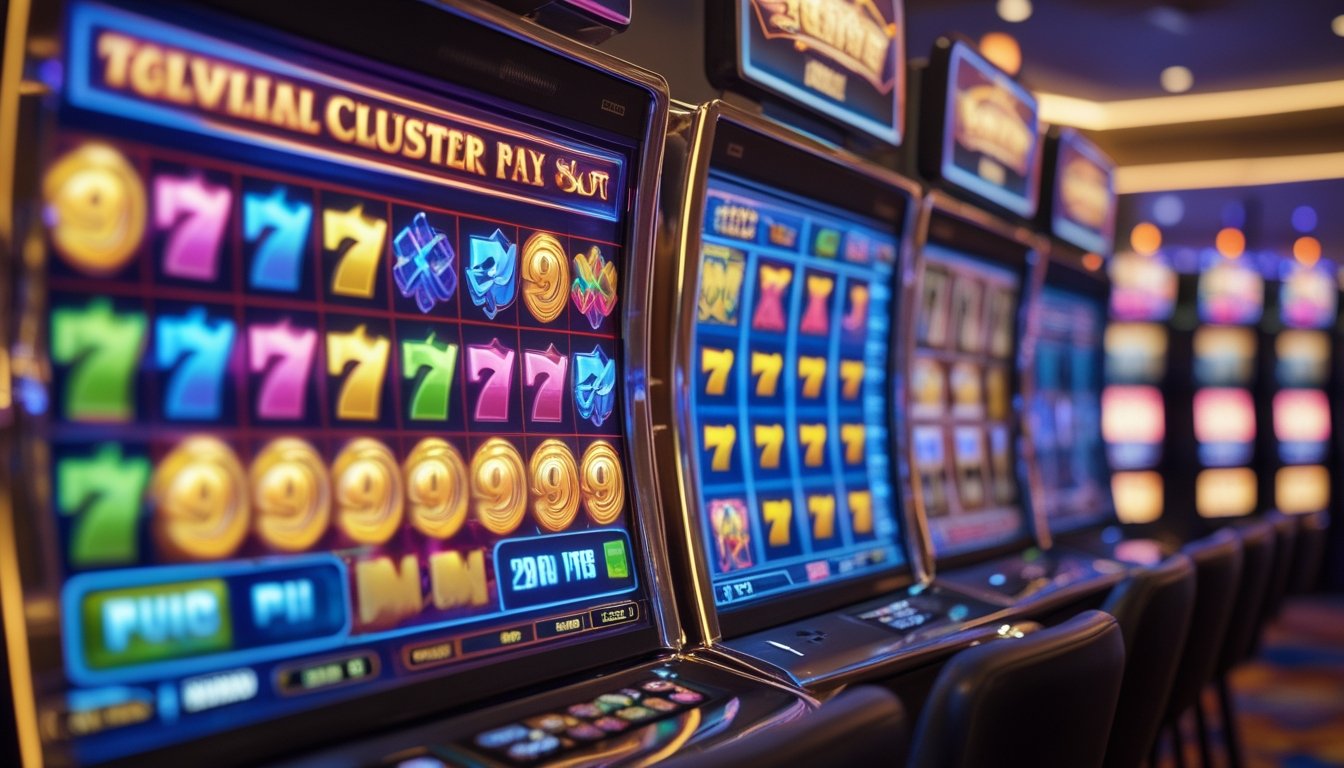 Dua layar mesin slot berdampingan, satu menampilkan simbol cluster pays yang berwarna-warni dan rapat, satu lagi menampilkan pola payline tradisional dengan simbol tersusun rapi, di dalam suasana kasino yang modern.