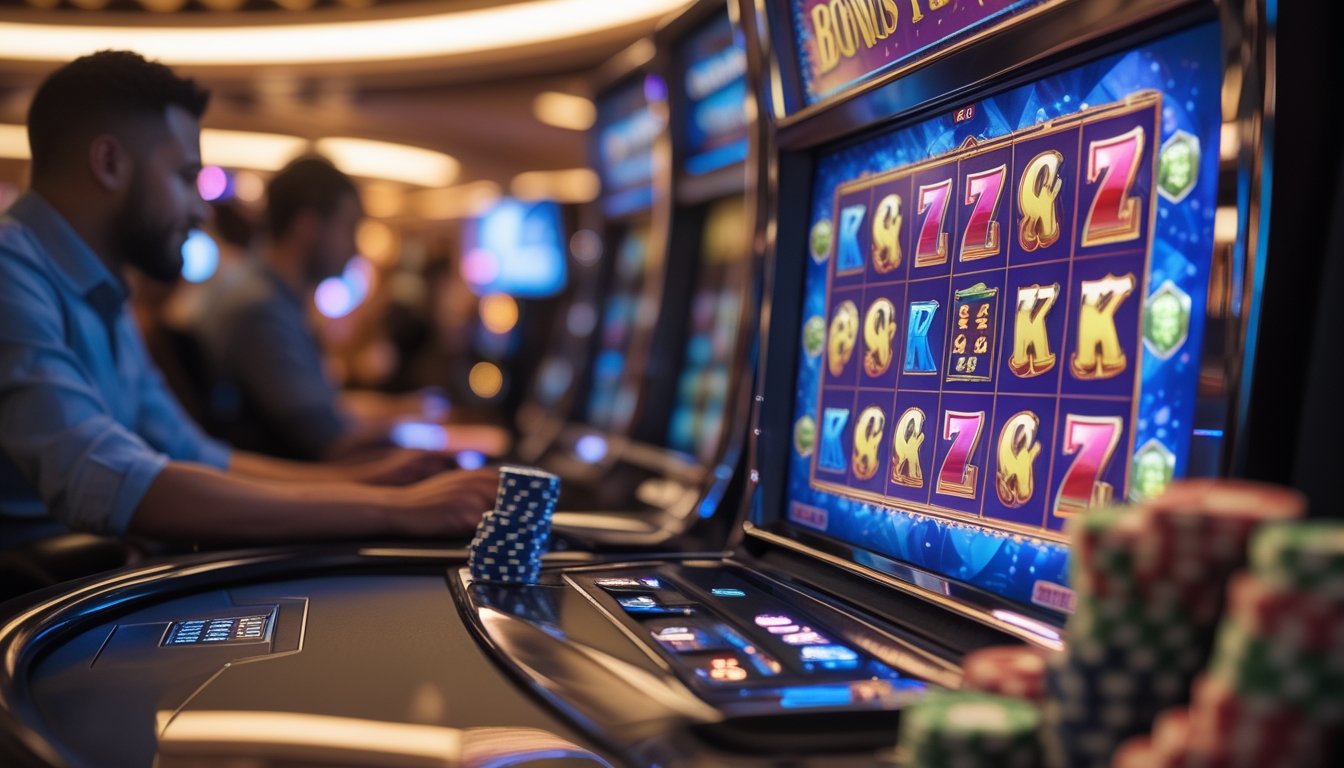 Suasana kasino modern dengan mesin slot yang menampilkan simbol warna-warni dan pemain yang sedang menikmati permainan.