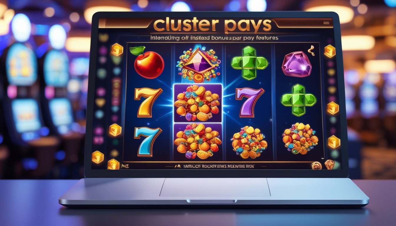 Layar komputer menampilkan permainan slot dengan simbol warna-warni yang tersusun dalam kelompok, di latar belakang suasana kasino yang samar.