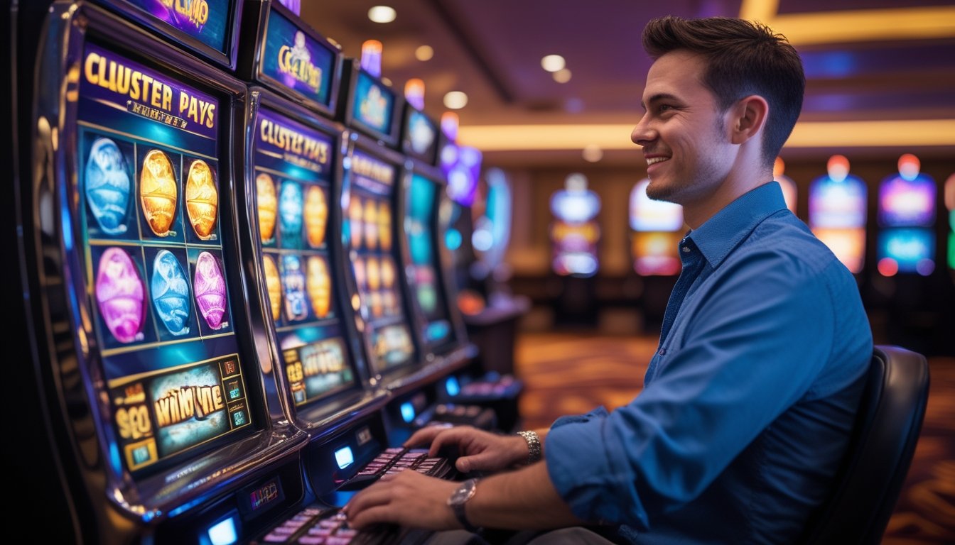 Seorang pemain sedang bermain mesin slot di kasino dengan ekspresi fokus dan senyum kecil.