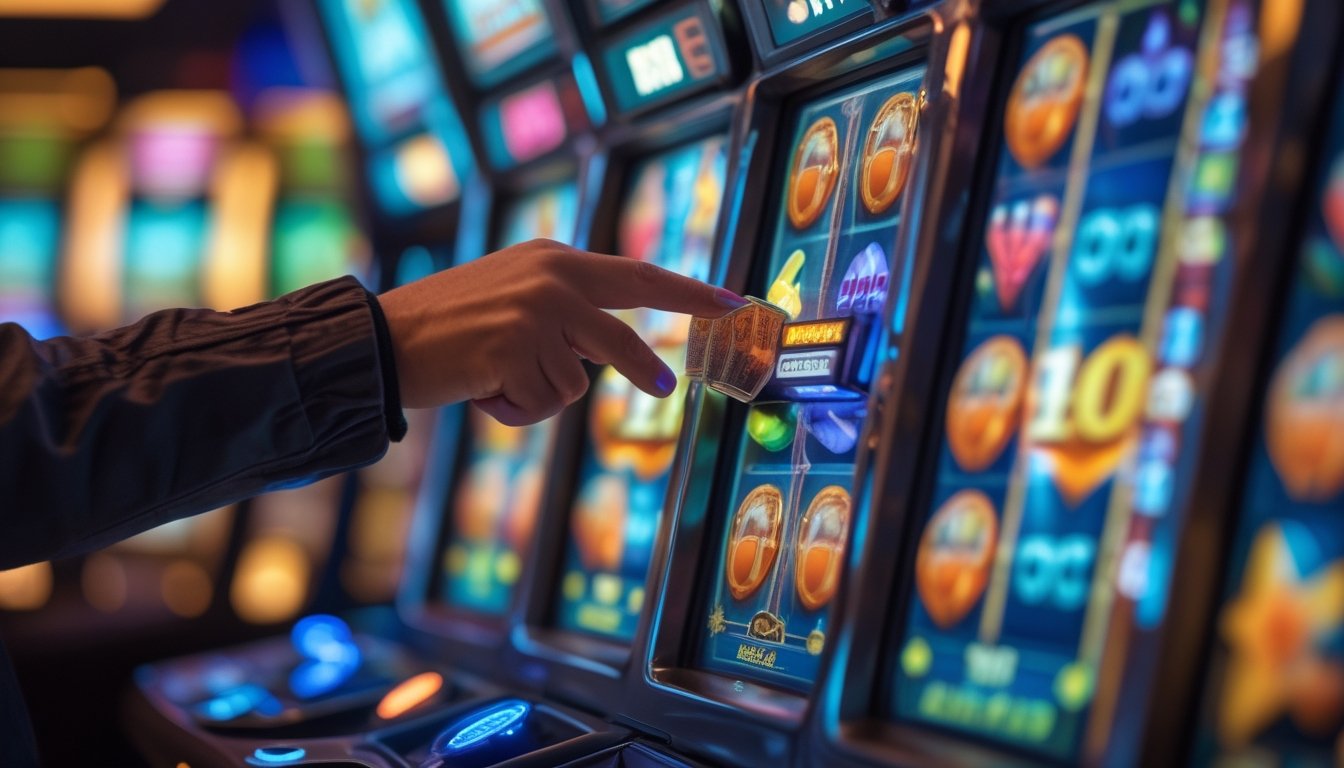 Seorang pemain sedang menggunakan mesin slot dengan simbol berwarna-warni yang tersusun dalam kelompok di kasino.