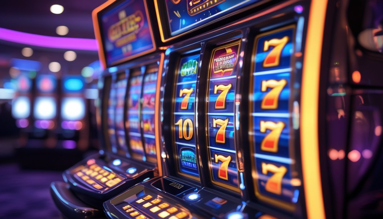 Mesin slot kasino dengan gulungan berjatuhan dan simbol pengganda yang menyala di latar kasino modern.