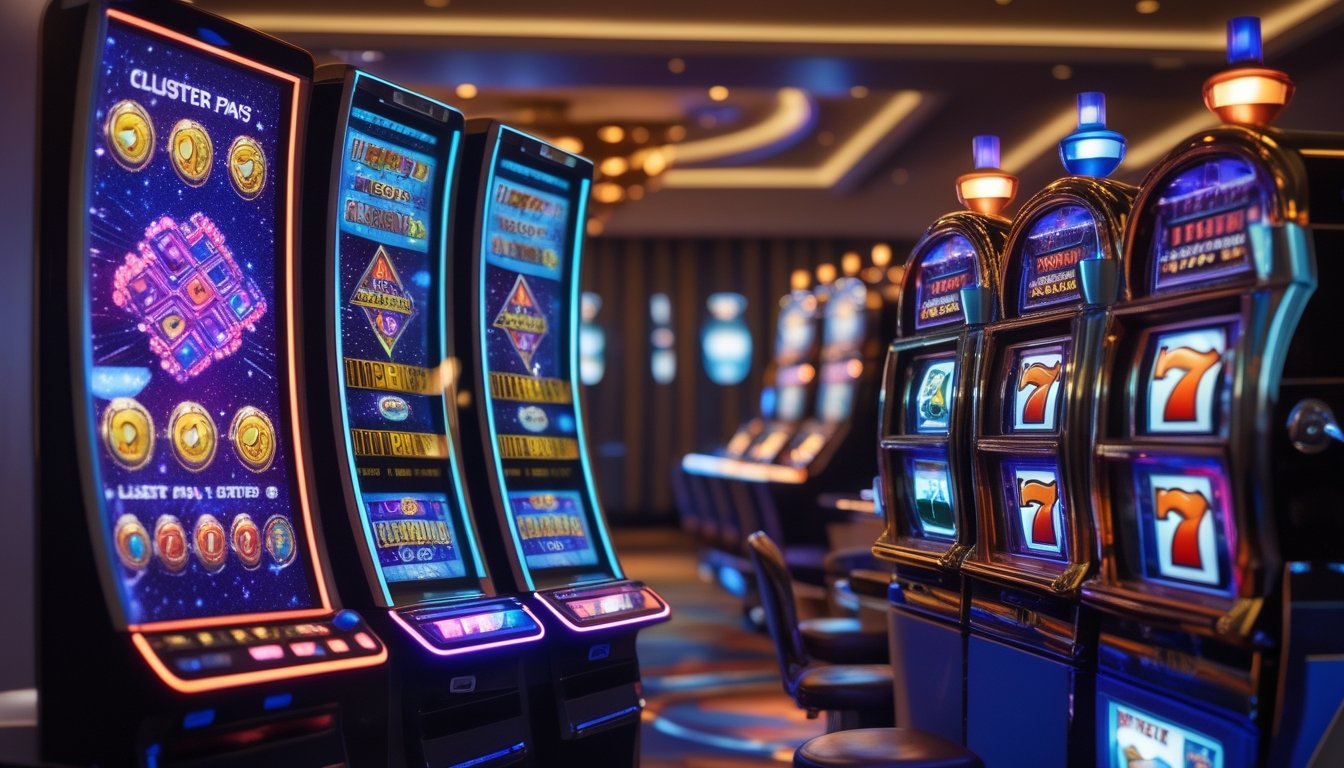 Dua mesin slot berdampingan di dalam kasino, satu bergaya modern dengan layar cluster warna-warni dan satu lagi mesin slot tradisional dengan gulungan klasik.