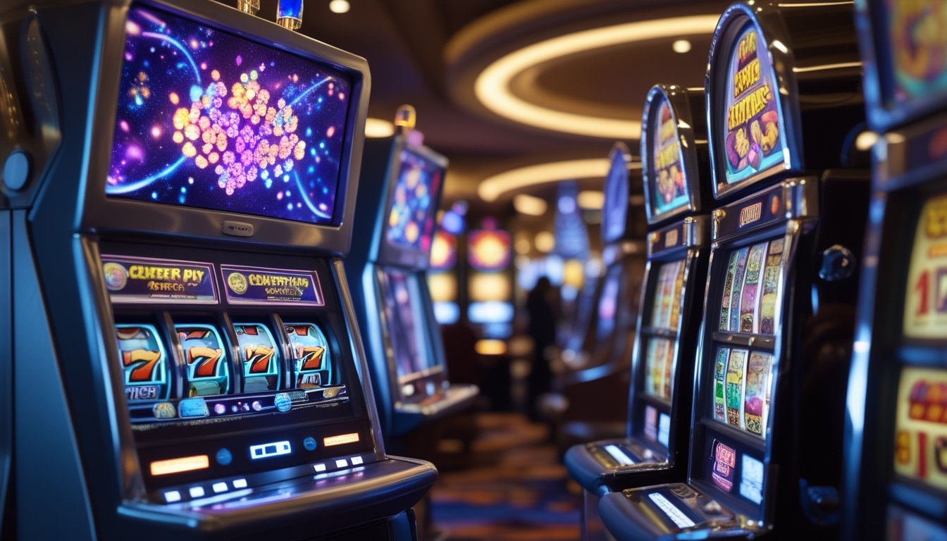 Dua mesin slot berdampingan di kasino, satu dengan layar warna-warni modern dan satu mesin slot tradisional dengan gulungan klasik, dengan latar belakang kasino yang samar.