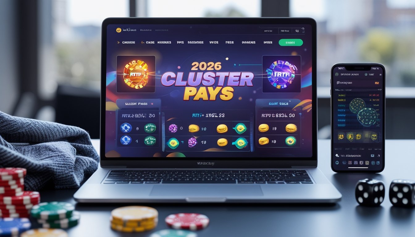 Sebuah meja kerja modern dengan laptop menampilkan permainan slot cluster pays dan perangkat terkait permainan kasino di sekitarnya.