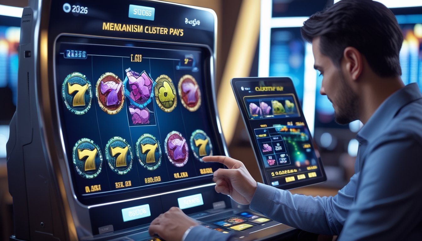 Seorang pria atau wanita sedang menggunakan mesin slot digital dengan tampilan simbol cluster yang berwarna-warni, di lingkungan kasino modern dengan layar yang menampilkan grafik dan data permainan.