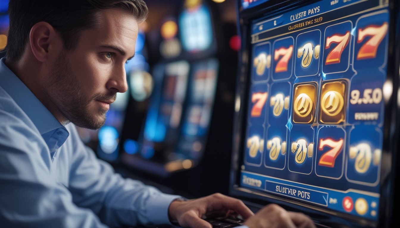 Seorang pemain slot profesional sedang fokus menganalisis pola kemenangan pada layar mesin slot di kasino modern.