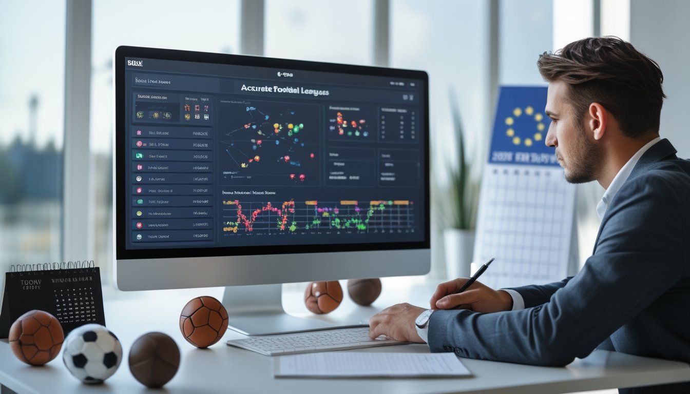 Seseorang sedang menganalisis data sepak bola di depan komputer dengan grafik dan jadwal pertandingan di meja kerja.