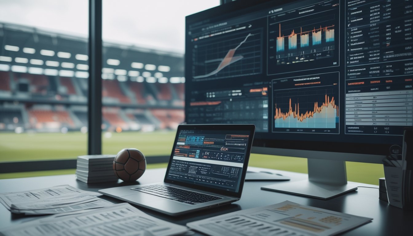 Seorang analis sepak bola sedang memeriksa data dan statistik pertandingan di kantor dengan latar belakang stadion sepak bola.