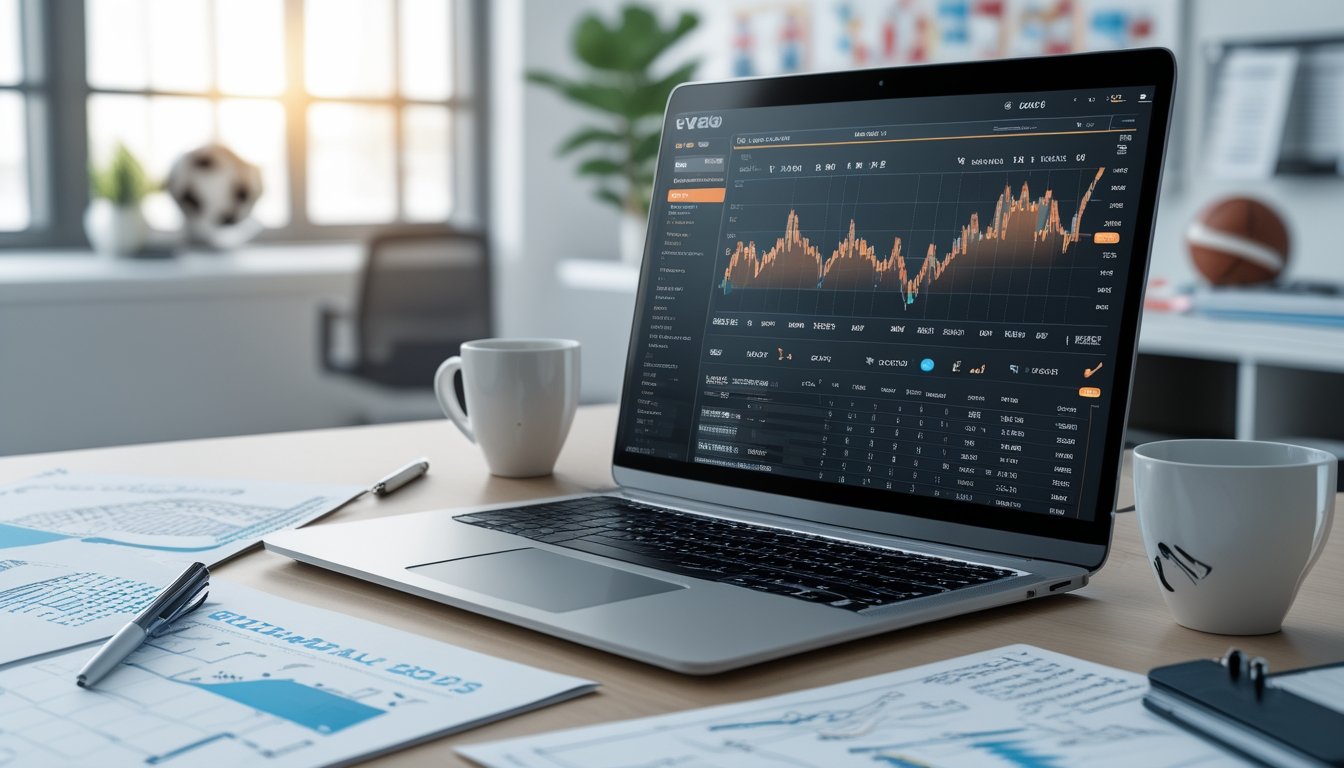 Meja kerja dengan laptop yang menampilkan statistik pertandingan sepak bola dan peluang taruhan 1X2, dilengkapi dengan catatan dan grafik, di sebuah kantor terang dengan cahaya alami.