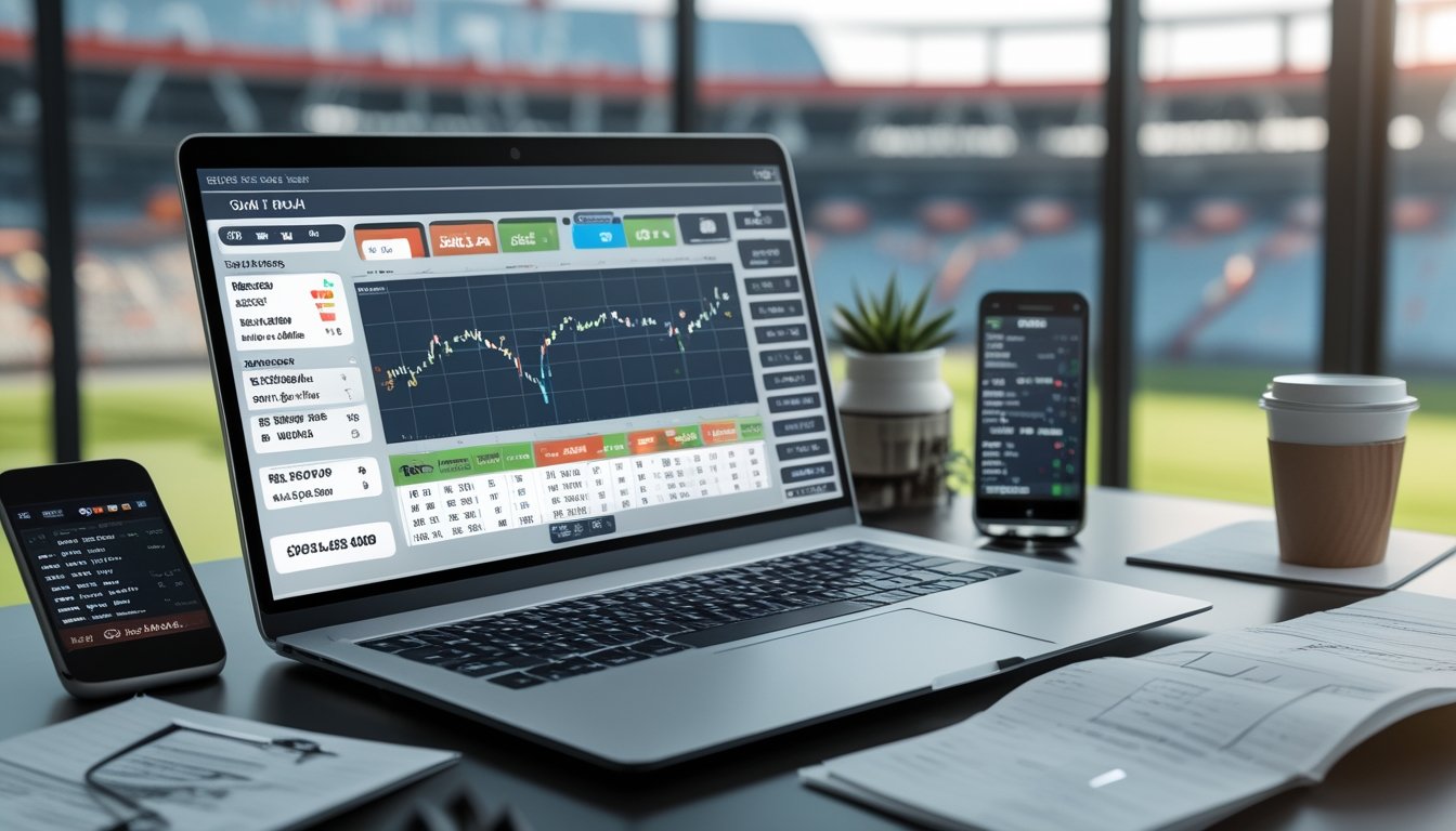 Meja kerja dengan laptop yang menampilkan statistik pertandingan sepak bola dan peluang taruhan 1X2, dengan latar stadion sepak bola terlihat dari jendela.