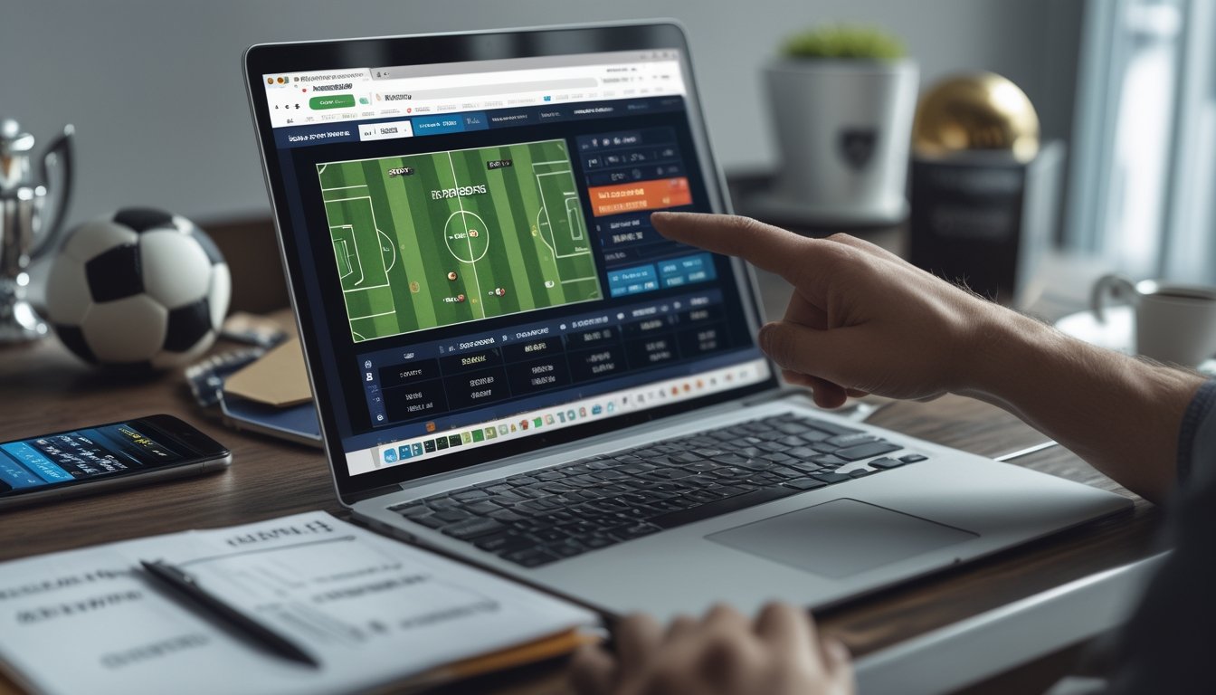 Seseorang yang fokus melihat layar laptop dengan tampilan taruhan sepak bola online, duduk di meja kerja dengan bola sepak dan piala kecil di sekitar.