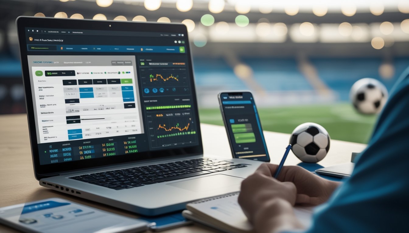 Seseorang sedang menganalisis data taruhan sepak bola online di depan laptop dengan grafik dan statistik pertandingan.