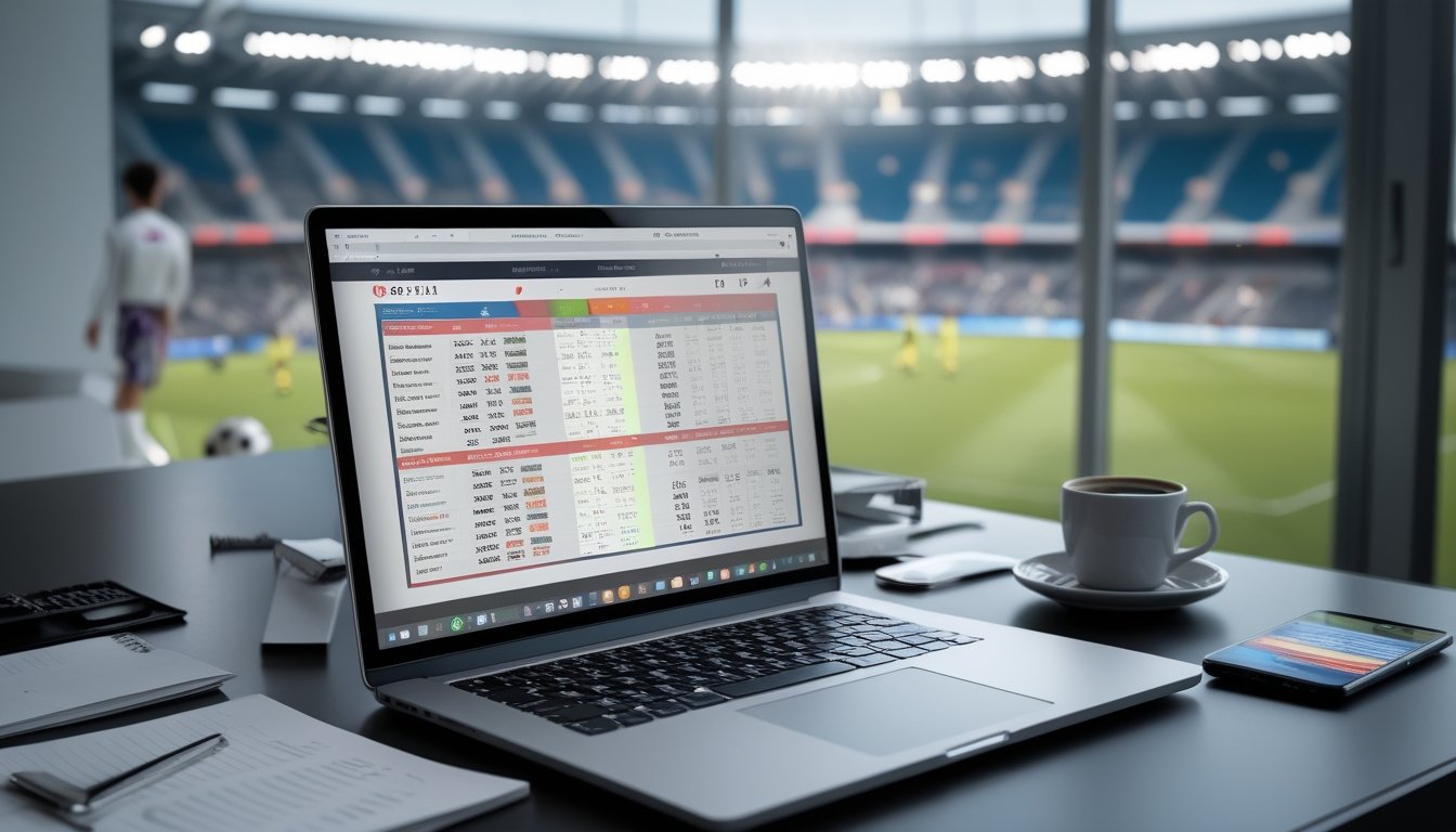 Seorang pria duduk di depan laptop dengan grafik taruhan sepak bola di layar, di latar belakang stadion sepak bola terlihat pertandingan sedang berlangsung.