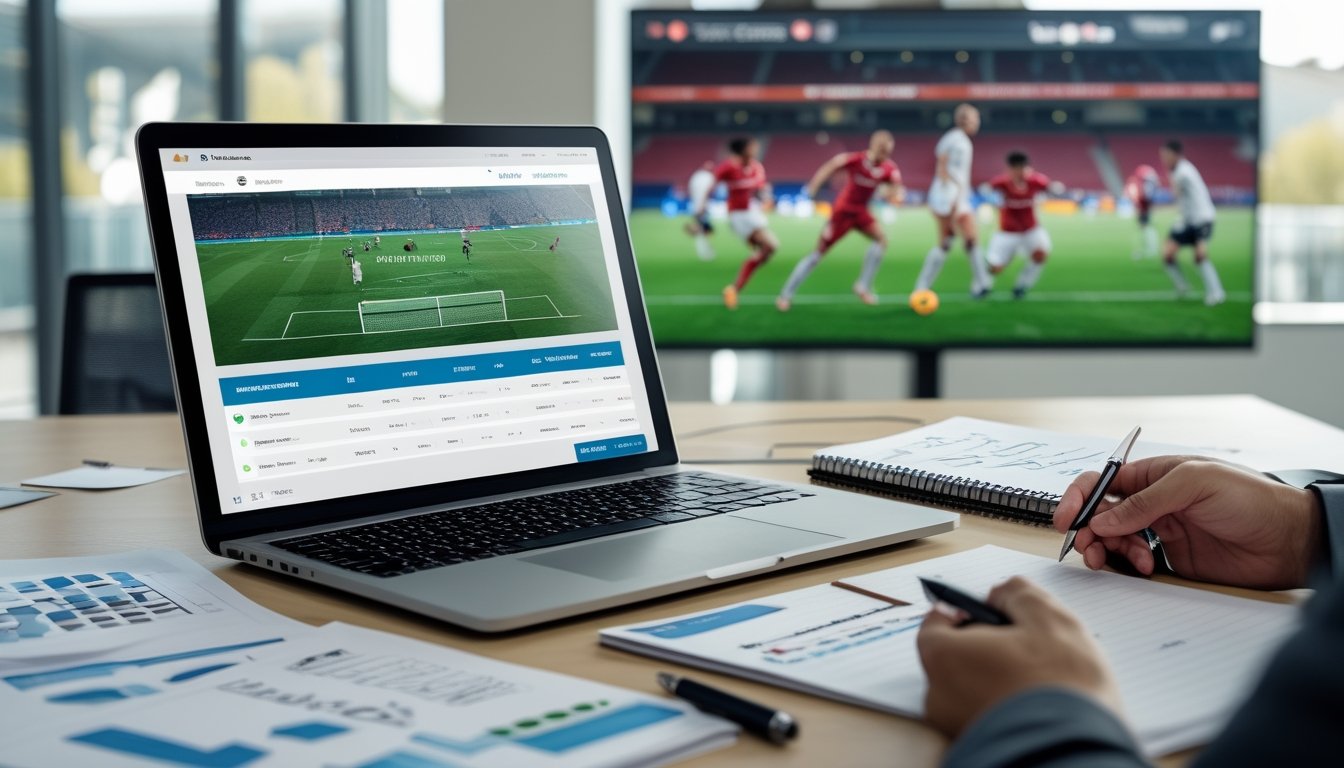 Meja kerja dengan laptop menampilkan situs taruhan sepak bola 1X2, grafik dan catatan di sekitar, serta layar besar yang menampilkan pertandingan sepak bola langsung.