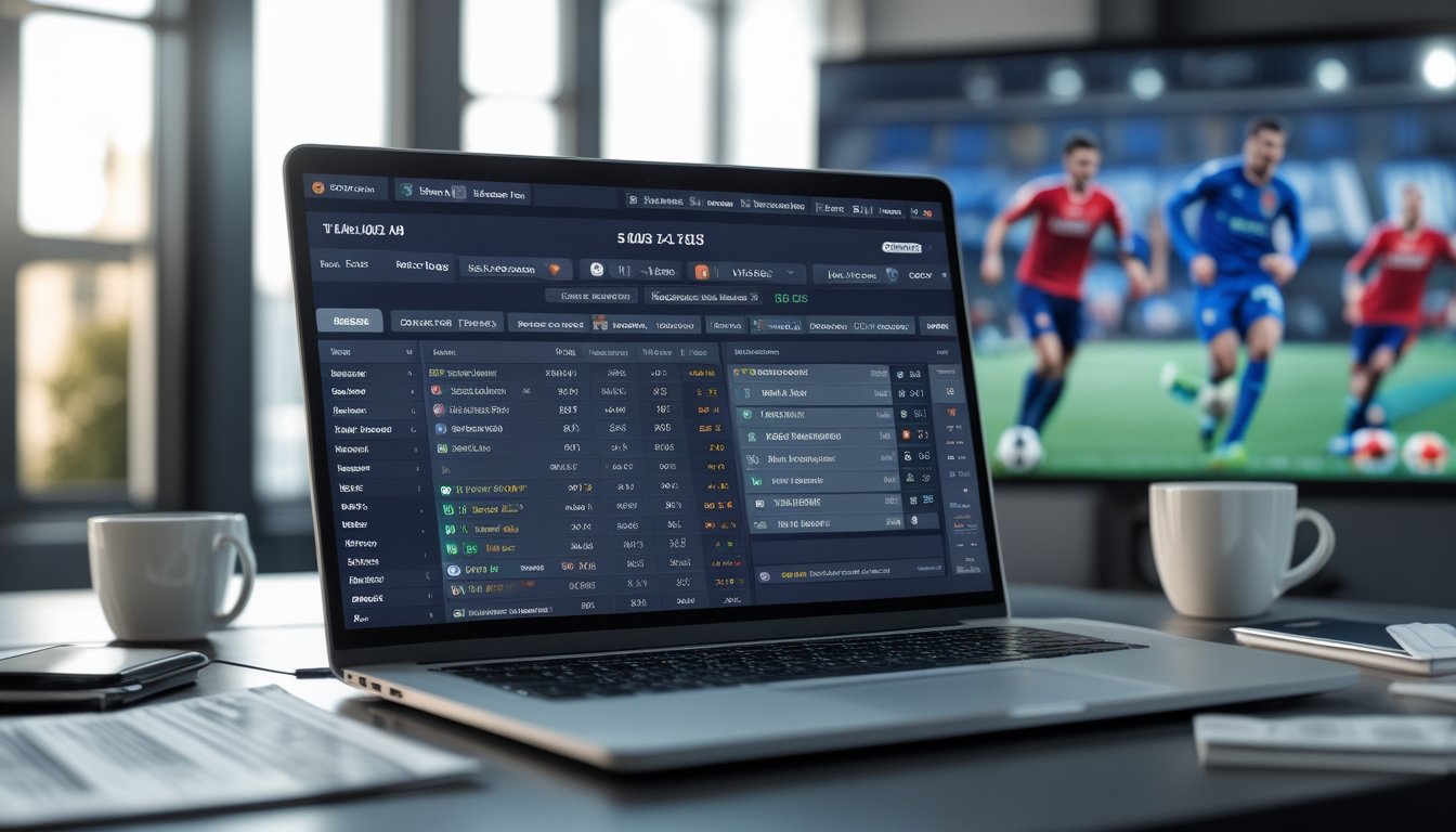 Seorang analis duduk di depan laptop dengan statistik sepak bola dan layar besar yang menampilkan pertandingan sepak bola Liga Inggris dan Spanyol.