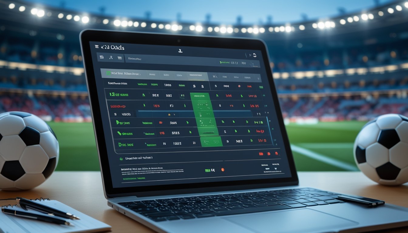 Sebuah tablet menampilkan tabel odds taruhan sepak bola untuk Liga Inggris dan Spanyol dengan latar belakang stadion sepak bola yang penuh penonton dan bola sepak di meja.