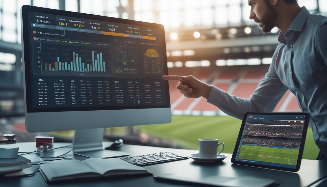 Seorang profesional sedang menganalisis statistik tim sepak bola di depan komputer dengan latar belakang stadion sepak bola.