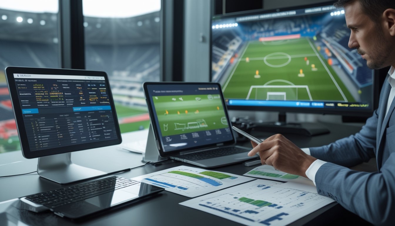 Seorang profesional sedang menganalisis data statistik sepak bola dan prediksi skor di ruang kerja dengan perangkat digital dan grafik di layar.