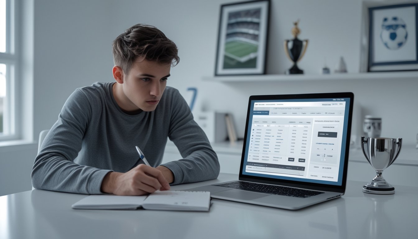 Seorang pria muda sedang duduk di meja dengan laptop yang menampilkan antarmuka taruhan sepak bola, sambil mencatat dan fokus mempelajari taruhan 1X2.