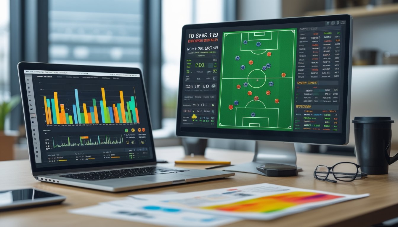 Meja kerja dengan laptop yang menampilkan grafik statistik sepak bola dan layar digital besar dengan diagram lapangan sepak bola dan data taruhan.