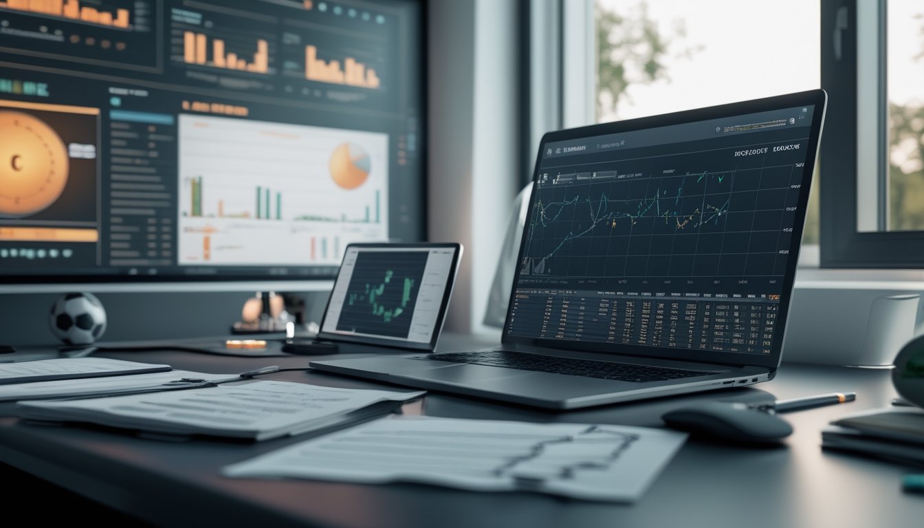 Meja kerja dengan perangkat digital menampilkan grafik dan data statistik sepak bola, serta layar besar yang menunjukkan analisis pertandingan sepak bola.