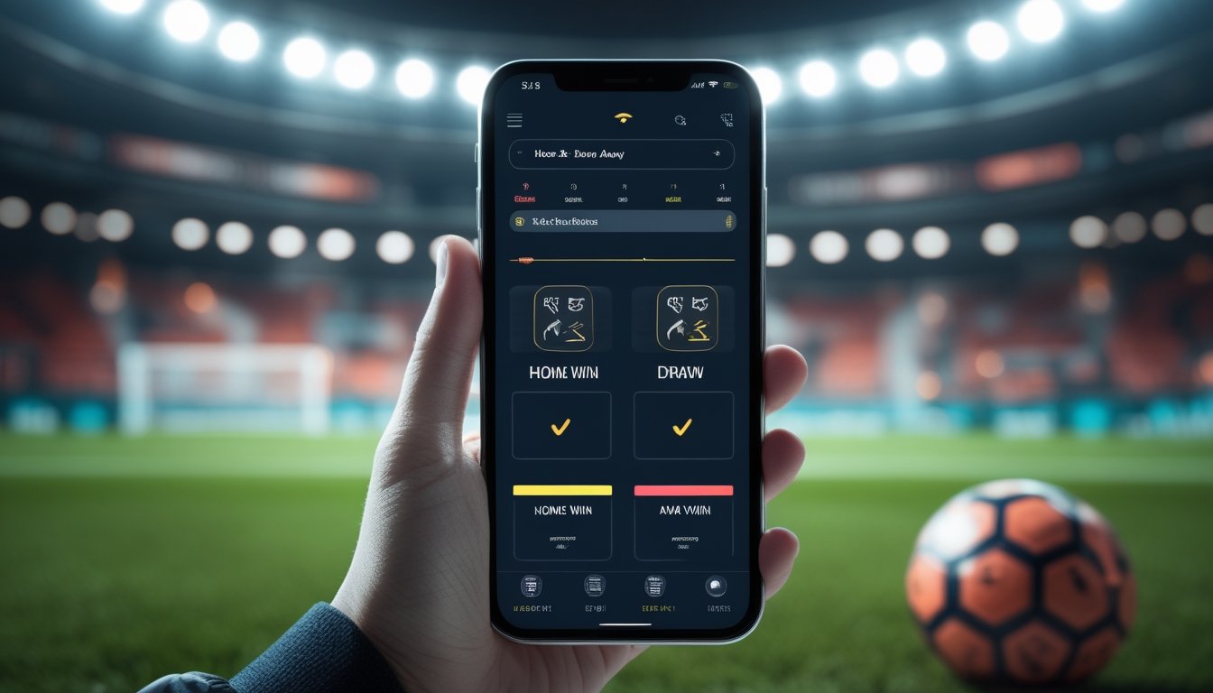 Seorang memegang ponsel yang menampilkan pilihan taruhan sepak bola 1X2 dengan latar belakang stadion dan bola sepak di lapangan.
