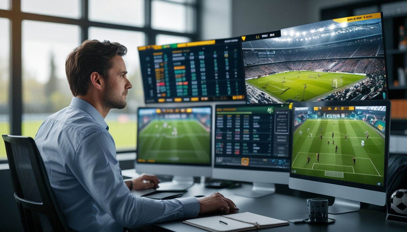 Seorang analis sepak bola sedang bekerja di kantor dengan beberapa layar komputer yang menampilkan statistik pertandingan dan peluang taruhan 1X2.