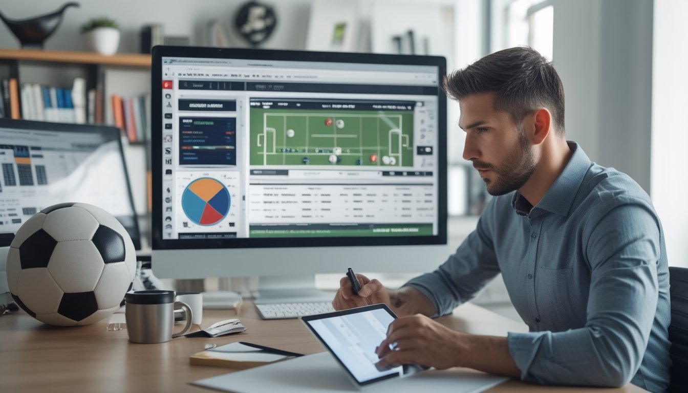 Seorang analis olahraga sedang mempelajari peluang taruhan 1X2 sepak bola di depan komputer dengan grafik dan statistik pertandingan.