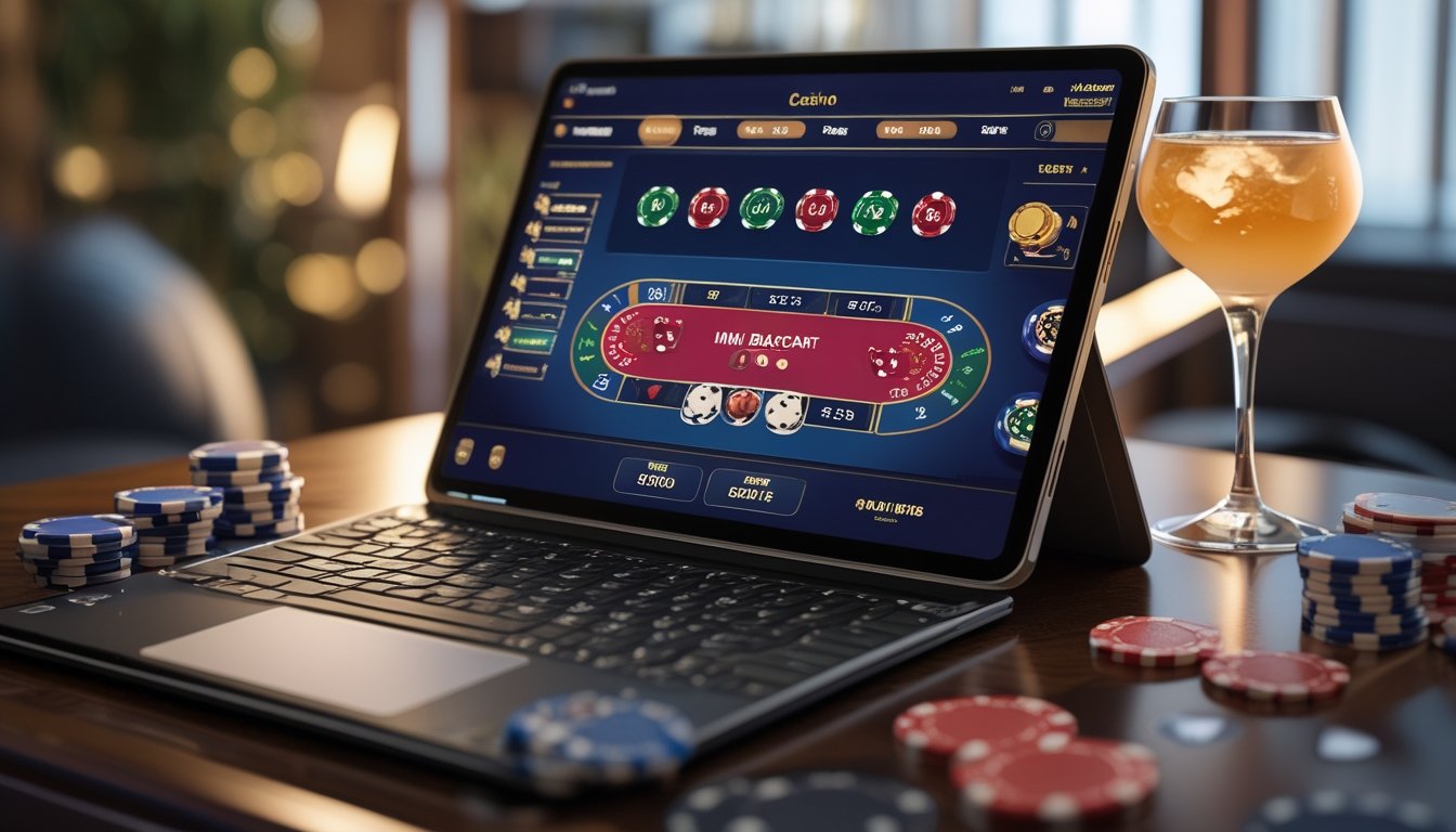 Seorang pemain menggunakan laptop dengan tampilan permainan Mini Baccarat di meja dengan chip poker dan kartu remi.