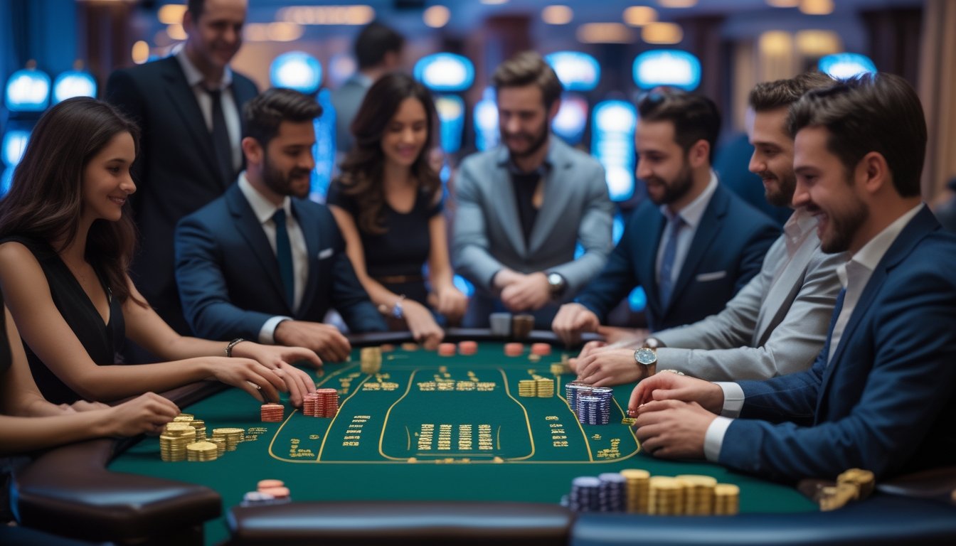 Meja kasino dengan pemain yang sedang bermain Mini Baccarat, kartu dan chip tertata rapi di atas meja.