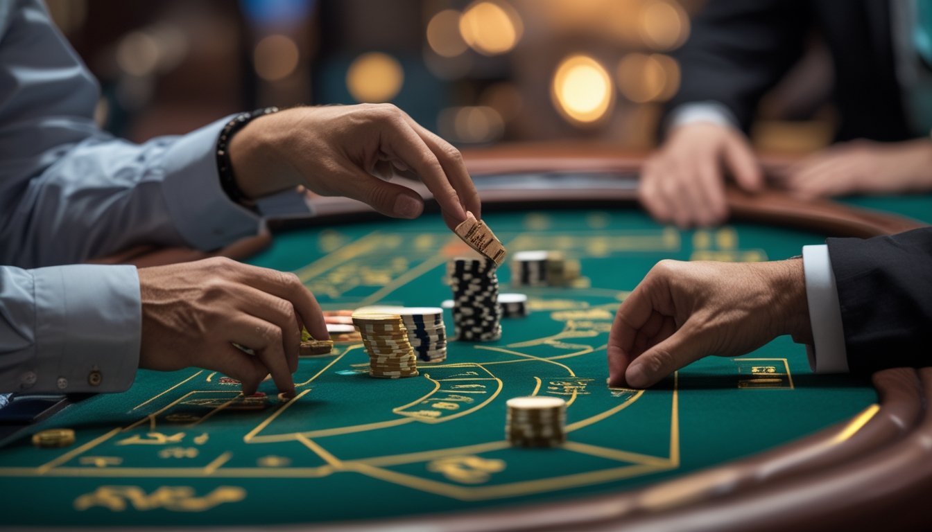Seorang pemain sedang bermain Mini Baccarat di meja kasino dengan dealer yang membagikan kartu.